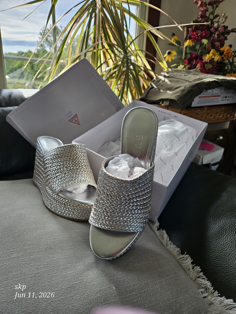 GUESS Silver Woven Metallic Slide Wedge Mules
